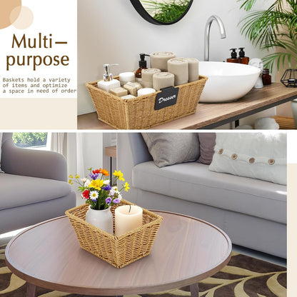 Marsui 6 Pcs Wicker Storage Baskets with Labels Handwoven Multi-size Brown Wicker Storage Bins for Organizing Small Baskets Container for Shelves Closet Pantry Toilet(Brown )