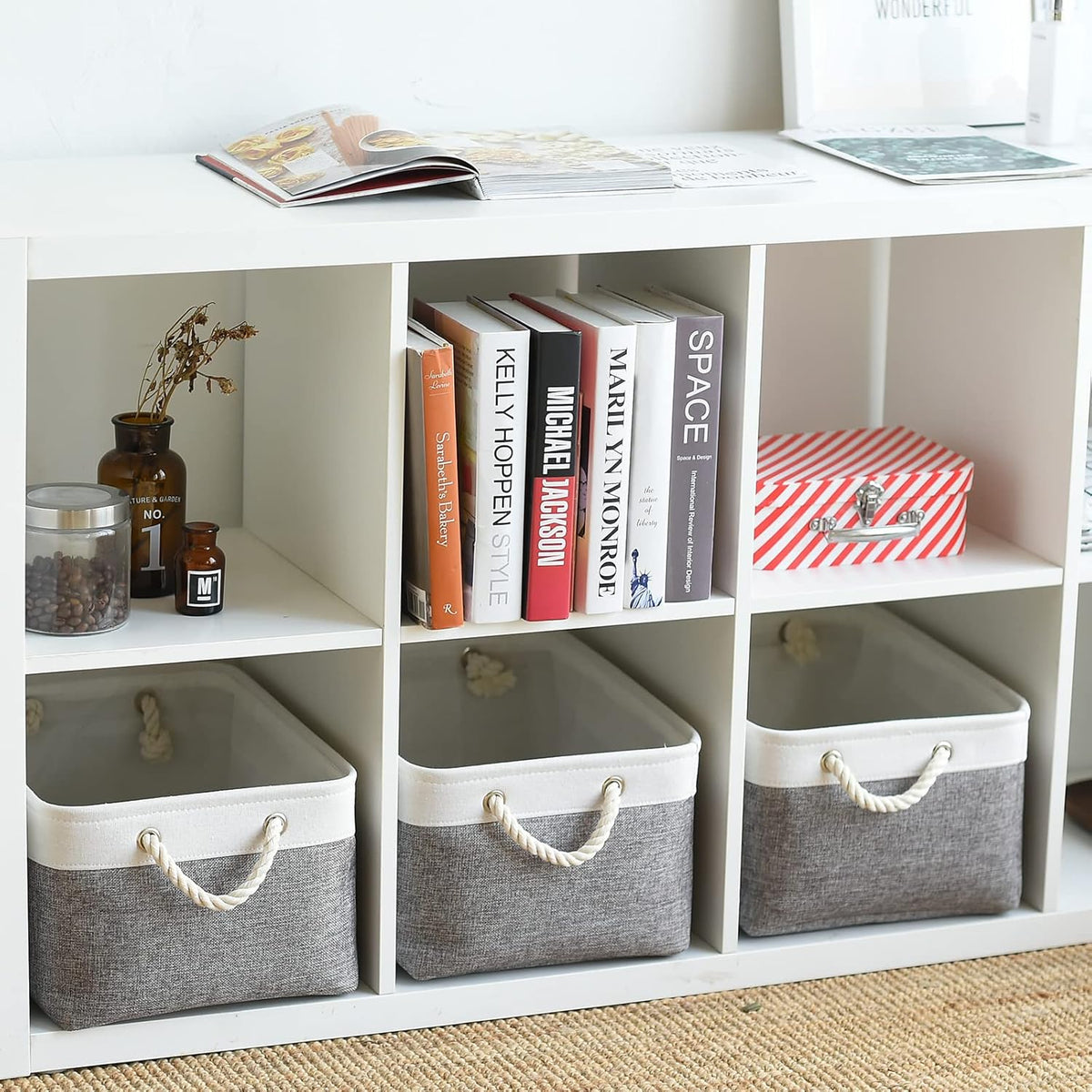 Fabric Storage Bins 12x8x5 inch [6-Pack] with Rope Handles - Decorative Baskets for Organizing