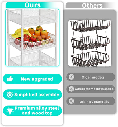 HapiRm Fruit Basket Kitchen Cart - 4-Tier Rolling Storage Cart with Wheels, Fruit Vegetable Basket with Wood Top, Pantry Utility Kitchen Organizer for Fruit Potato Onion Vegetable Bread Snack