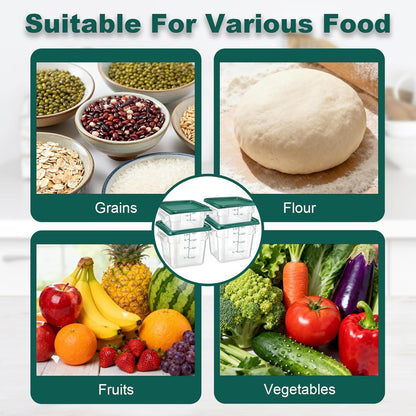4 Pack 4QT Food Storage Containers with Green Lids, Clear Square Restaurant Commercial Food Storage Containers with Handle and Scale, Marinating Container Dough Rising Bucket for Home & Dining