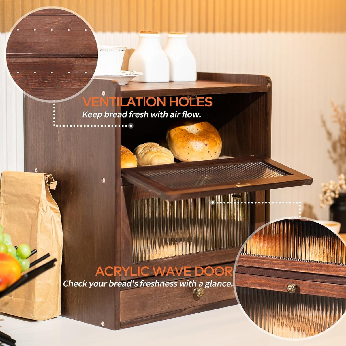 Solid Wood Bread Box for Kitchen Countertop with Drawer, 2-Tier Large Wooden Bread Storage Bin with Cutlery Organizer, Farmhouse Bread Keeper for Homemade Bread, Brown (50 Deli Papers)
