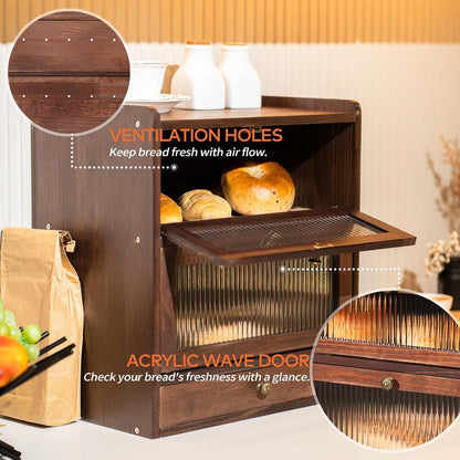 Solid Wood Bread Box for Kitchen Countertop with Drawer, 2-Tier Large Wooden Bread Storage Bin with Cutlery Organizer, Farmhouse Bread Keeper for Homemade Bread, Brown (50 Deli Papers)