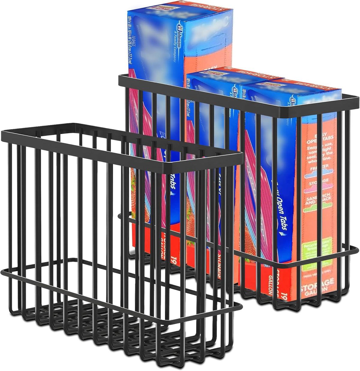 2 Pack Cabinet Door Organizer, Foil and Plastic Wrap Organizer, Wall Mounted Kitchen Organizers and Storage Wire Basket, Pantry Door Storage Kitchen Wrap, Black