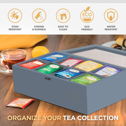 Tea Bag Organizer with Drawer - Bamboo Tea Box Organizer, 8-Compartment Tea Storage Box with Acrylic Lid and Magnetic Closure, Tea Box for Kitchen Counter, Gifts for Mom, Wife, Tea Lovers