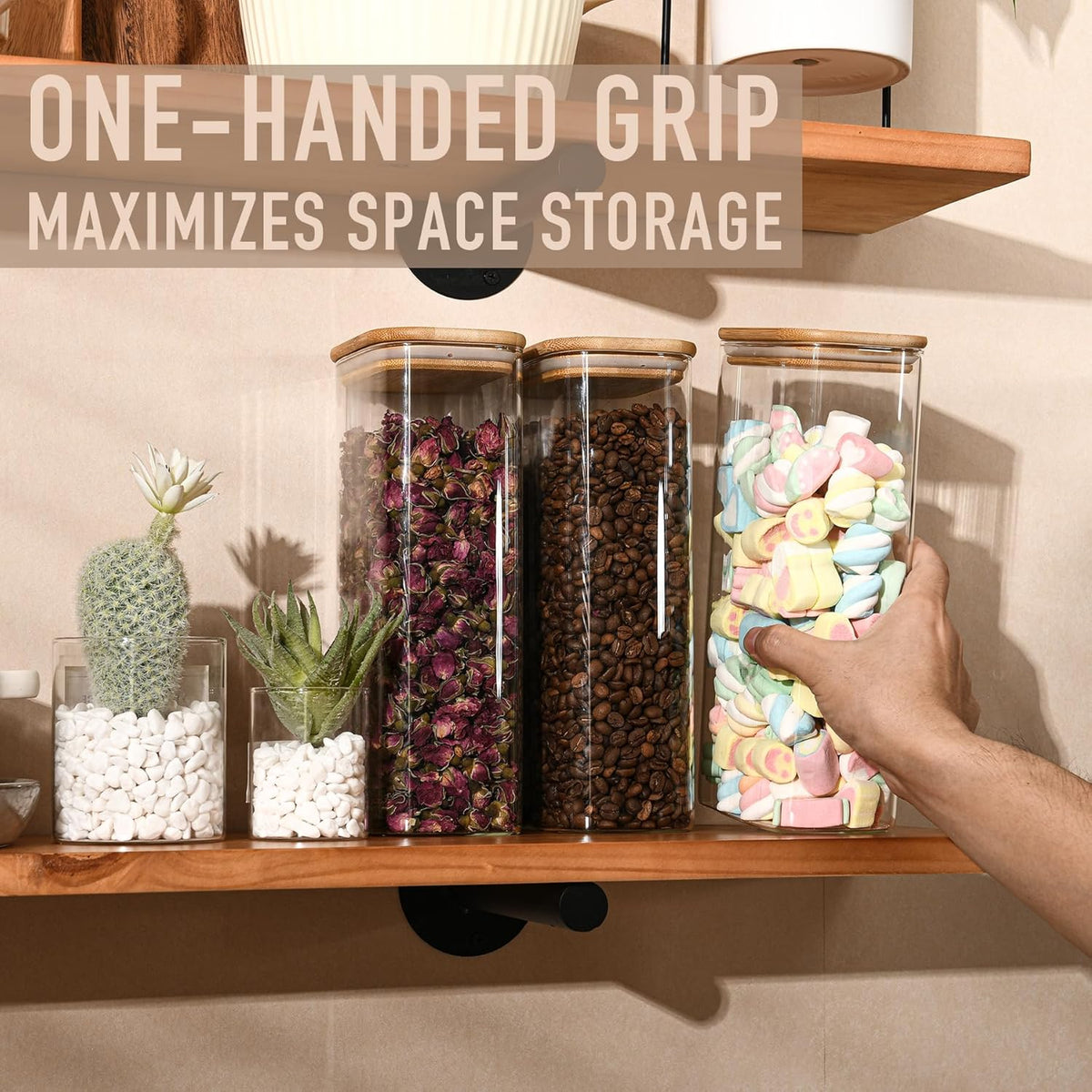 D2scrma 37oz Rectangle Airtight Glass Storage Containers with Bamboo Lids (Set of 6), Square Food Storage Jar, Pantry Organizers for Cereal, Nuts, Snacks and Coffee beans (‎with Black Lable)