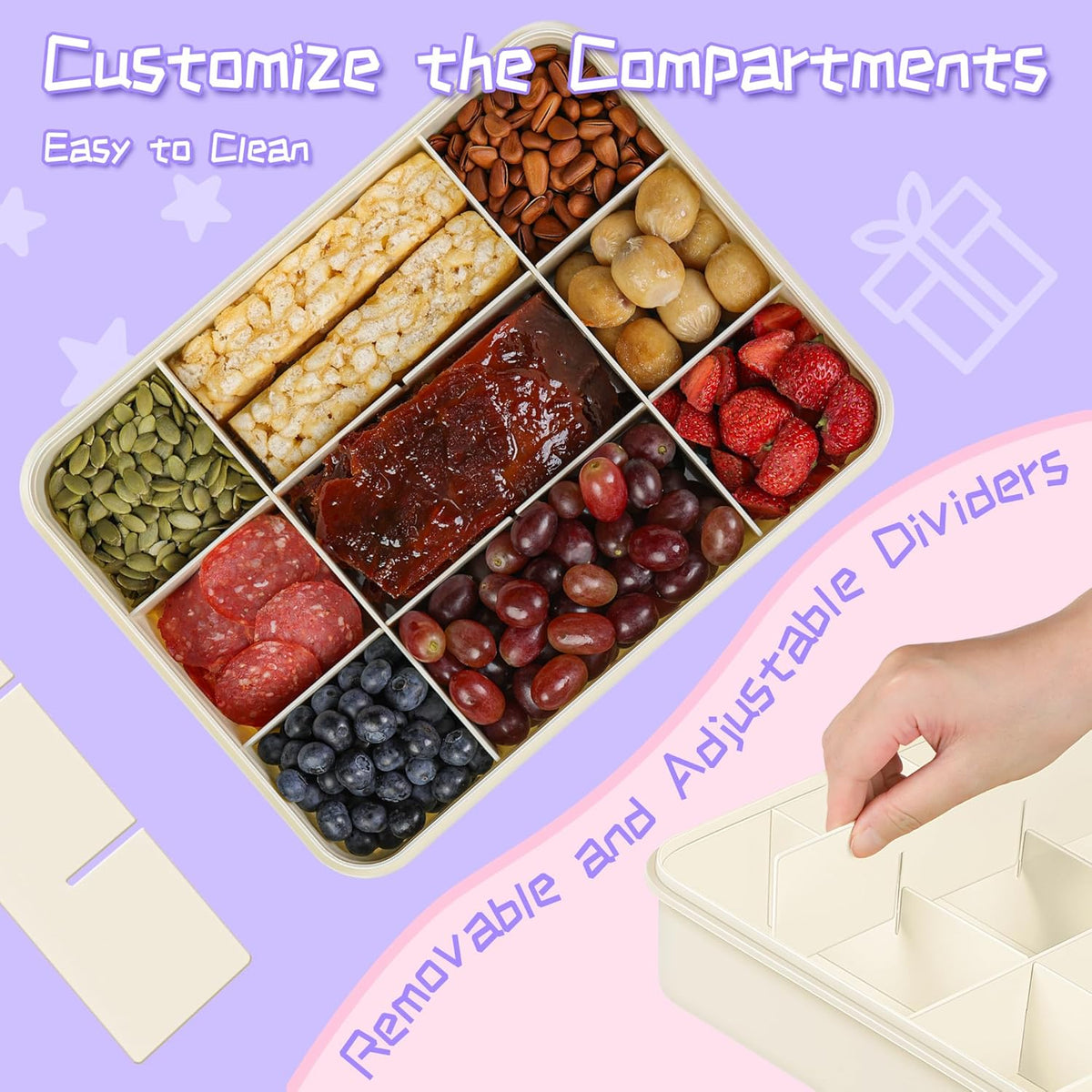 Xyptorix Snack Box Container for Kids - Adjustable 12-Compartment Snack Containers, Reusable Bento Box, Dishwasher Safe, BPA-Free, Perfect for School, Travel, Camping & Picnic, Ivory White