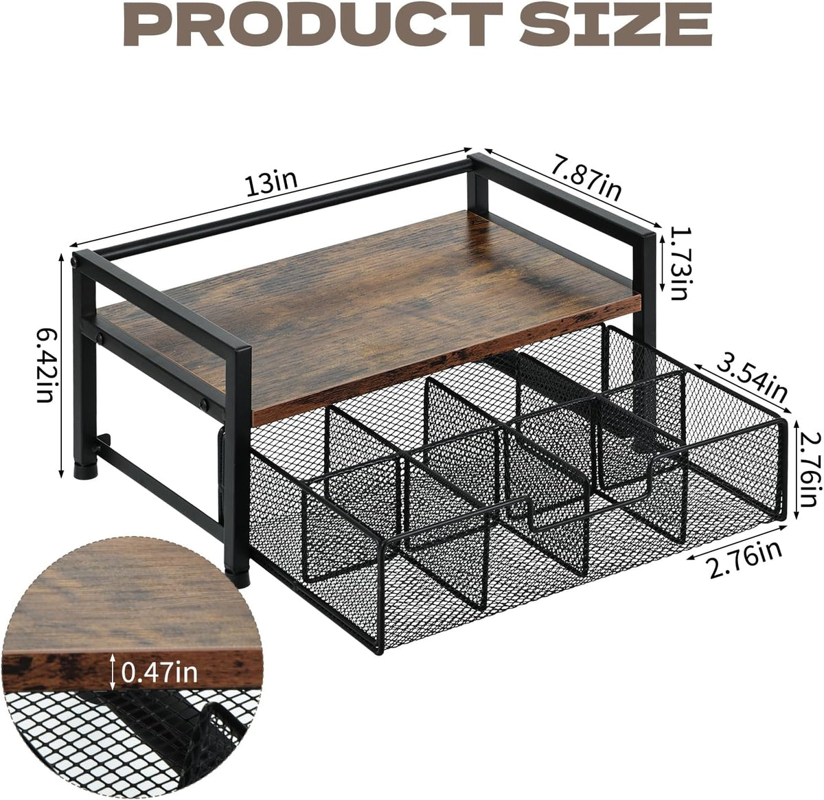 Tea Bag Organizer - 13"×7.9"×6.4" Wooden Tea Bag Holder with 8-Compartment Pull-Out Metal Mesh Drawer, Anti-Fall Guardrail Teabag Organizers and Storage Chest for Kitchen & Desk Countertop