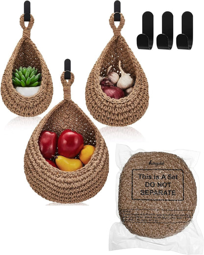 Honeydak Boho Decor Hanging Wall Baskets for Kitchen 3 Pack Teardrop Baskets with Hooks Storage Fruit Onion Vegetable Potato for Home 3 Sizes(Linen,Teardrop,Jute)