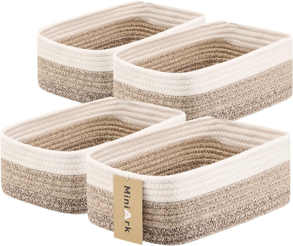 MiniArk Small Storage Baskets for Organizing | Closet Organizer Bins | Shelf Toy Basket | Woven Rope Baskets | Cube Decorative Box | Shallow Basket | L11.5xW7.5xH4.7| Brown