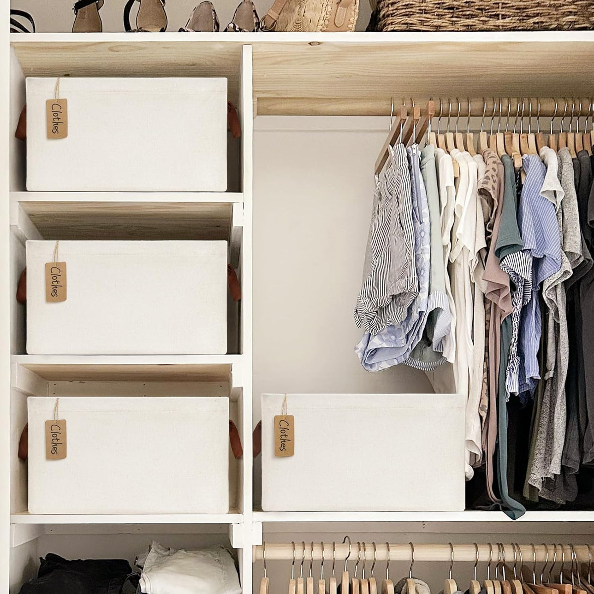 CHICVITA Large Storage Baskets for Shelves, Fabric Storage Bins with Metal Frame, Closet Organizers and Storage Boxes for Clothes Toy, Beige