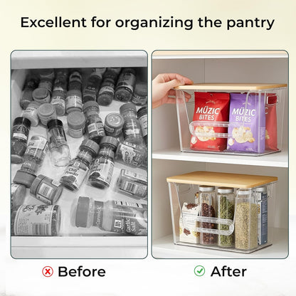 2 Set Pantry organizers and Storage,Trash Bag Holder Under sink Organizer for 4-13 Gal Bags,Trash Bag Dispenser with Bamboo Lids and Stackable Clear Bins for Potato, Onion, Garlic, Fruit, Vegetables