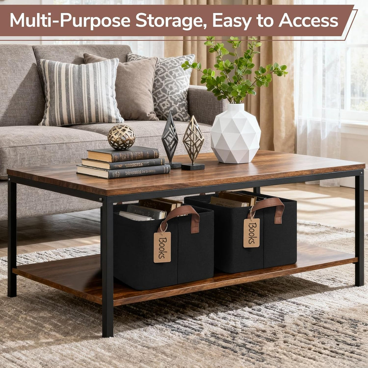 CHICVITA 4 Pack Large Storage Baskets for Shelves, Collapsible Closet Organizer Bins with Metal Frame, Fabric Storage Bins for Clothes Towels Organization, 16.8" x 11" x 9.8", Beige