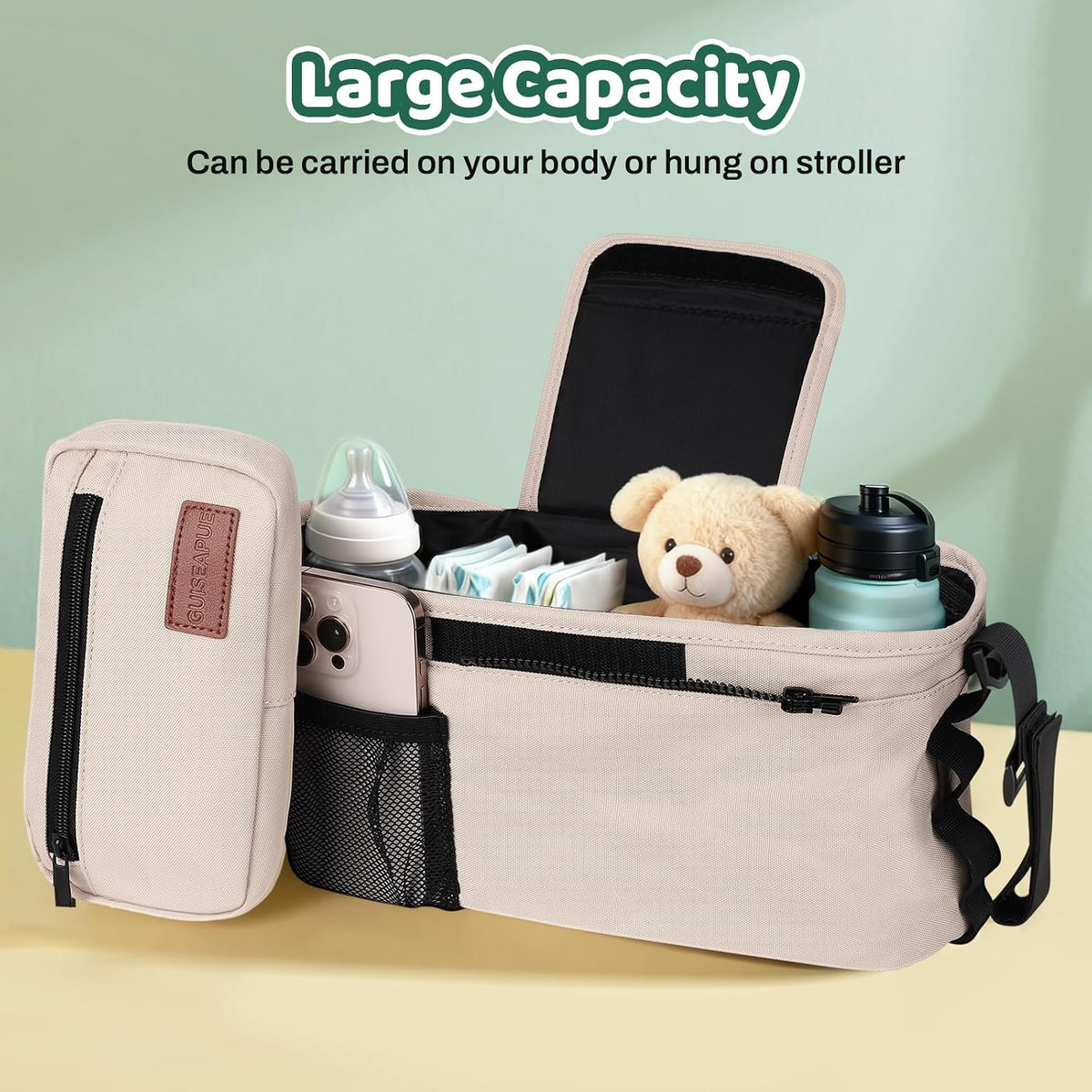 Guiseapue Universal Stroller Organizer with Cup Holder: Baby Essentials, Stroller Caddy Accessories with Detachable Phone Bag, Non-Slip Straps, Fits for Uppababy, Baby Jogger, New Moms Baby Gifts