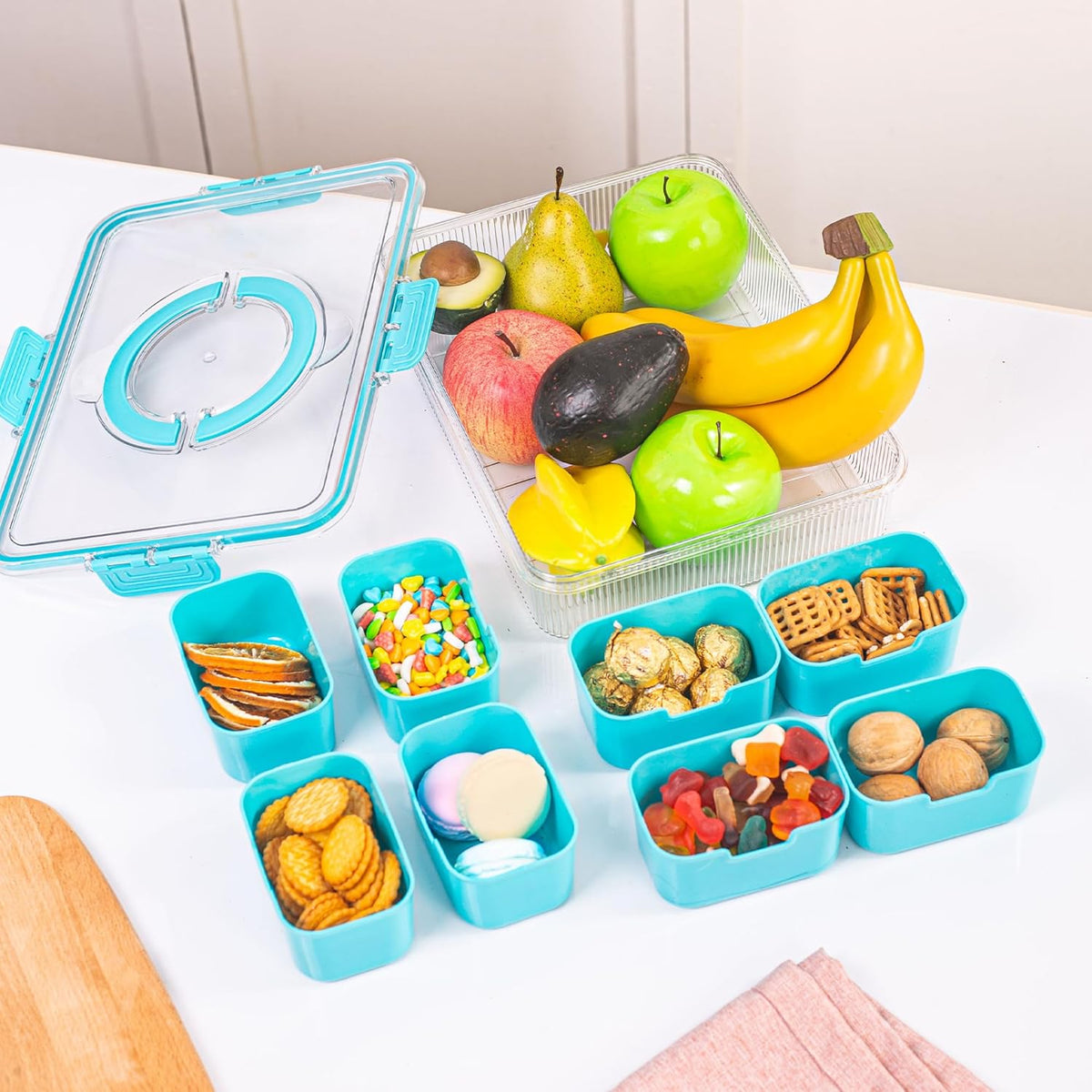 Patent Design Ribbed Snackle Box Container Snack Container Divided Serving Tray with Lid and Handle, 8 Divider Portable Snacklebox for Travel Beach for Charcuterie Veggie Fruit Candy,1 Pack