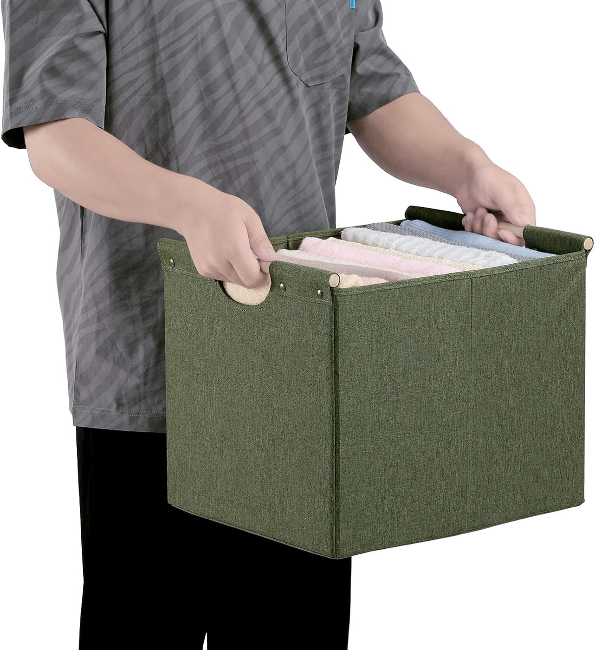 HOONEX Large Collapsible Storage Bins, Linen Fabric, Pack of 2, Storage Baskets with Wooden Carry Handles and Sturdy Heavy Cardboard, for Home, Office, Car, Nursery, Black