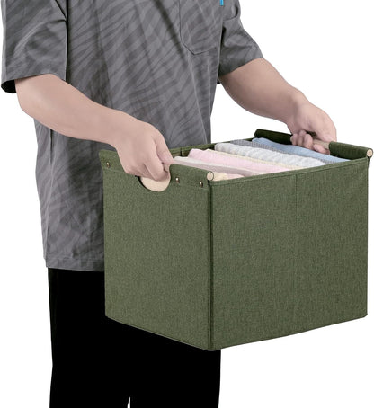 HOONEX Large Collapsible Storage Bins, Linen Fabric, Pack of 2, Storage Baskets with Wooden Carry Handles and Sturdy Heavy Cardboard, for Home, Office, Car, Nursery, Black