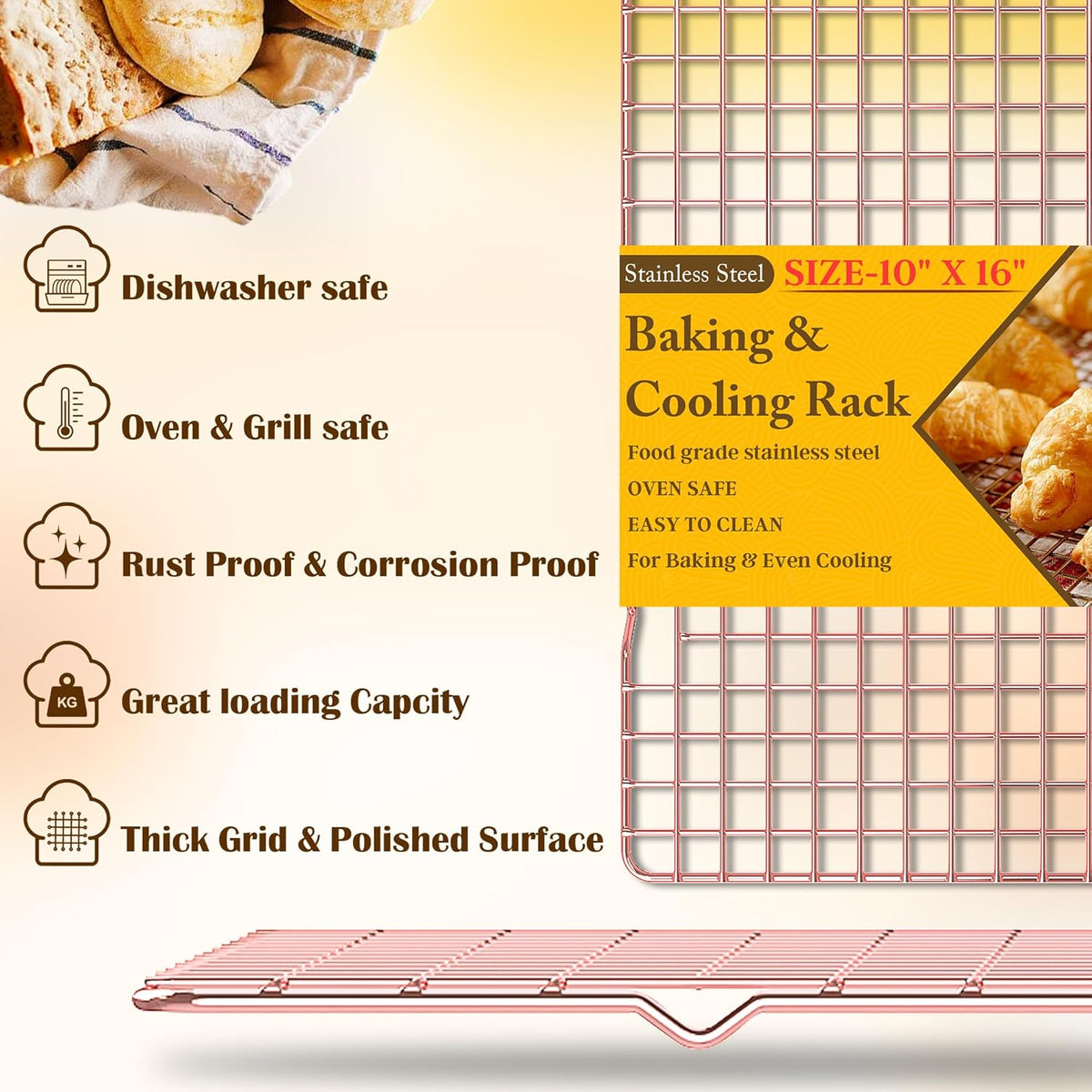 2PCS Cooling Racks for Cooking and Baking - 10" x 15"Heavy Duty Stainless Steel Wire Rack for Baking, Grilling, Roasting - Oven & Dishwasher Safe - Fits Jelly Roll Sheet Pan-Silver