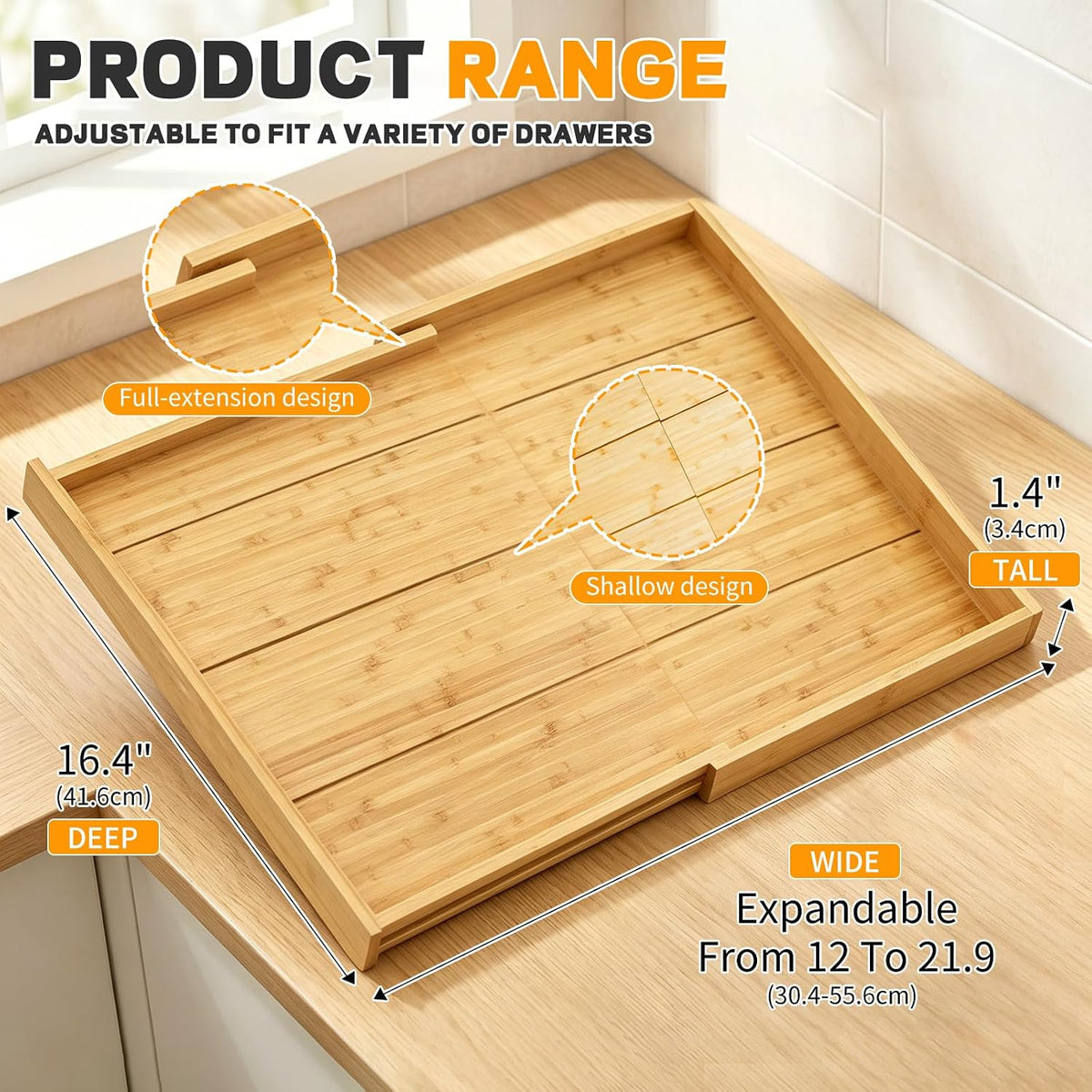 Bamboo Spice Drawer Organizer Expandable(Need 2.6" Deep Drawer), 4-Tier Spice Rack Drawer Insert for Kitchen Cabinets(From 12" to 21.9" Wide), Adjustable Seasoning Storage Insert (Jars Not Included)