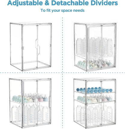 HBlife Baby Bottle Storage Organizer for Countertop Cabinet, 3 Tiers Adjustable Clear Acrylic Bottles Storage Station Case Box Container with 2 Removable Dividers and Magnetic Door, Large