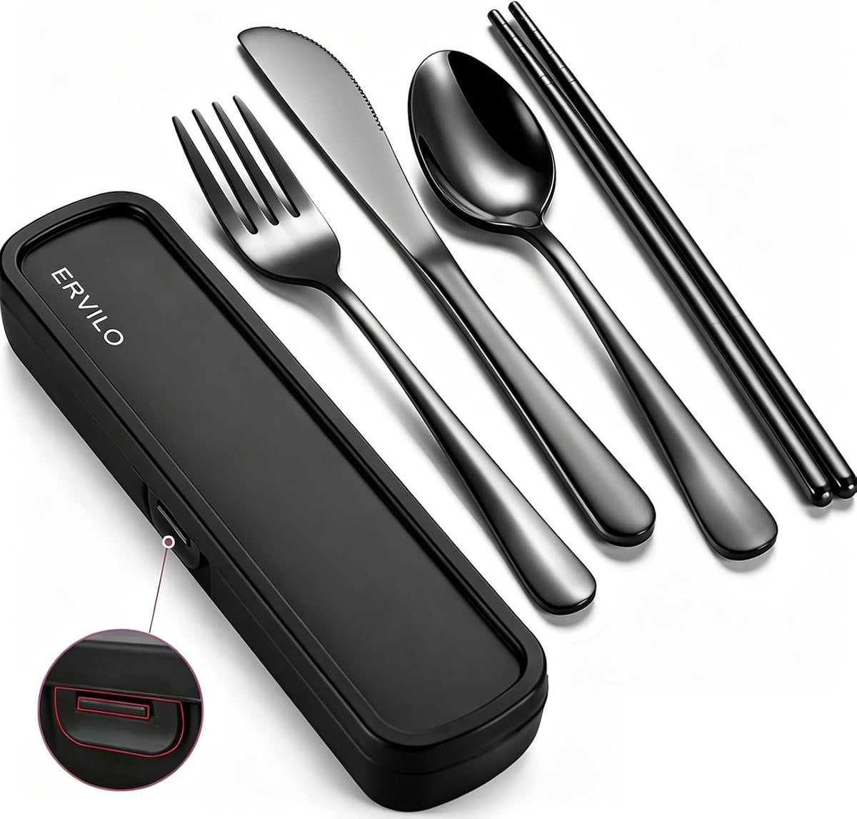 Travel Utensils with Case, Stainless Steel Portable Cutlery Set for Camping Picnic, Lunch Box Silverware for Work, Reinforced Case with Snap-Lock Closure, Include Fork Spoon Knife Chopsticks, Black