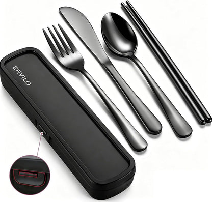 Travel Utensils with Case, Stainless Steel Portable Cutlery Set for Camping Picnic, Lunch Box Silverware for Work, Reinforced Case with Snap-Lock Closure, Include Fork Spoon Knife Chopsticks, Black