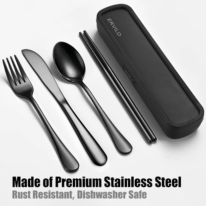 Travel Utensils with Case, Stainless Steel Portable Cutlery Set for Camping Picnic, Lunch Box Silverware for Work, Reinforced Case with Snap-Lock Closure, Include Fork Spoon Knife Chopsticks, Black