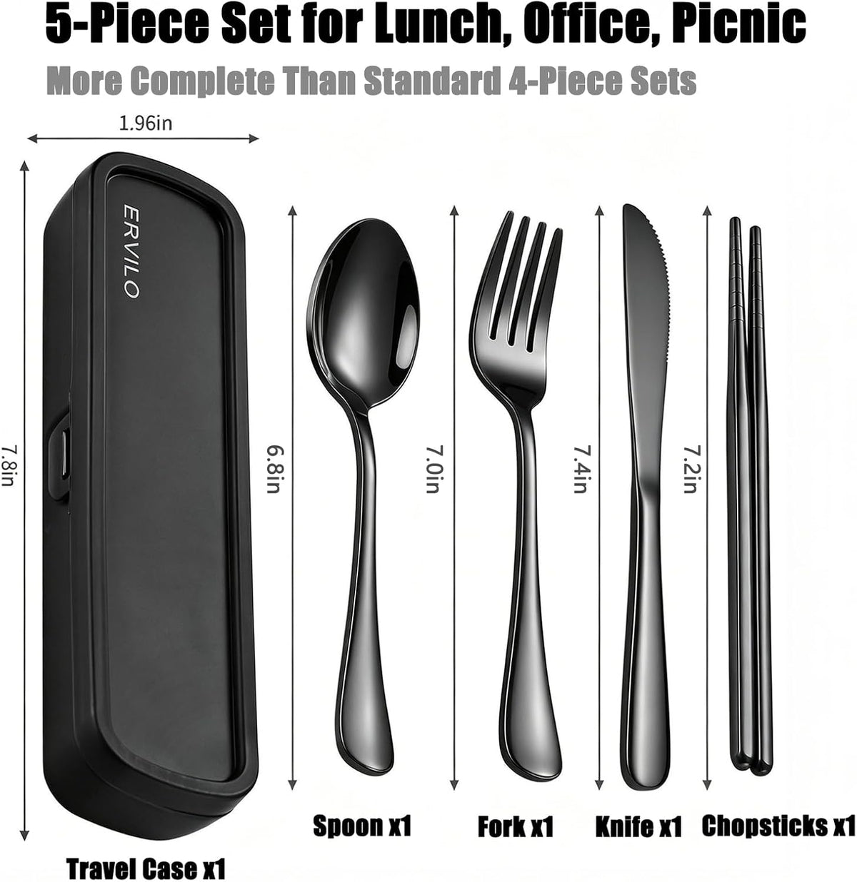 Travel Utensils with Case, Stainless Steel Portable Cutlery Set for Camping Picnic, Lunch Box Silverware for Work, Reinforced Case with Snap-Lock Closure, Include Fork Spoon Knife Chopsticks, Black
