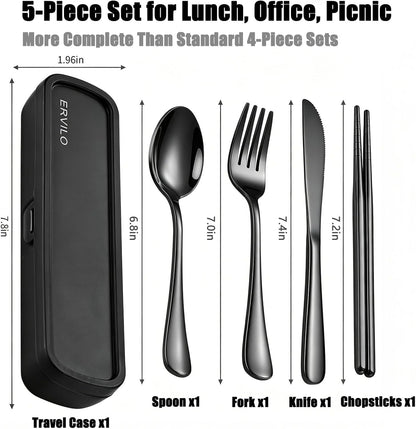 Travel Utensils with Case, Stainless Steel Portable Cutlery Set for Camping Picnic, Lunch Box Silverware for Work, Reinforced Case with Snap-Lock Closure, Include Fork Spoon Knife Chopsticks, Black