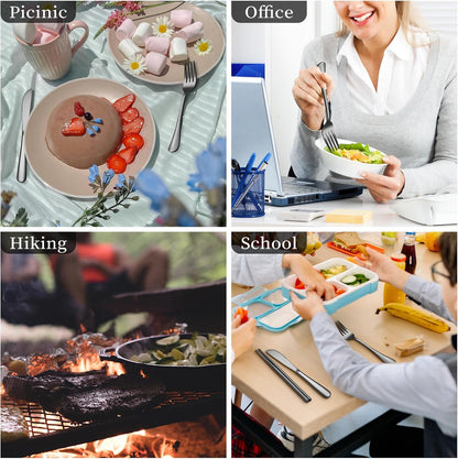 Travel Utensils with Case, Stainless Steel Portable Cutlery Set for Camping Picnic, Lunch Box Silverware for Work, Reinforced Case with Snap-Lock Closure, Include Fork Spoon Knife Chopsticks, Black