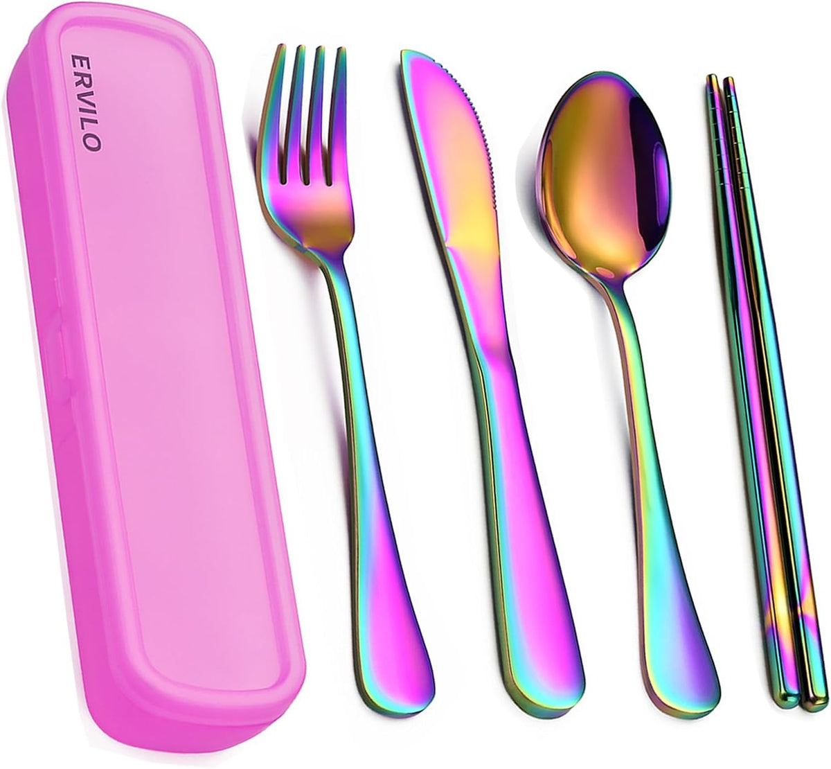 Travel Utensils with Case, Stainless Steel Portable Cutlery Set for Camping Picnic, Lunch Box Silverware for Work, Reinforced Case with Snap-Lock Closure, Include Fork Spoon Knife Chopsticks, Black