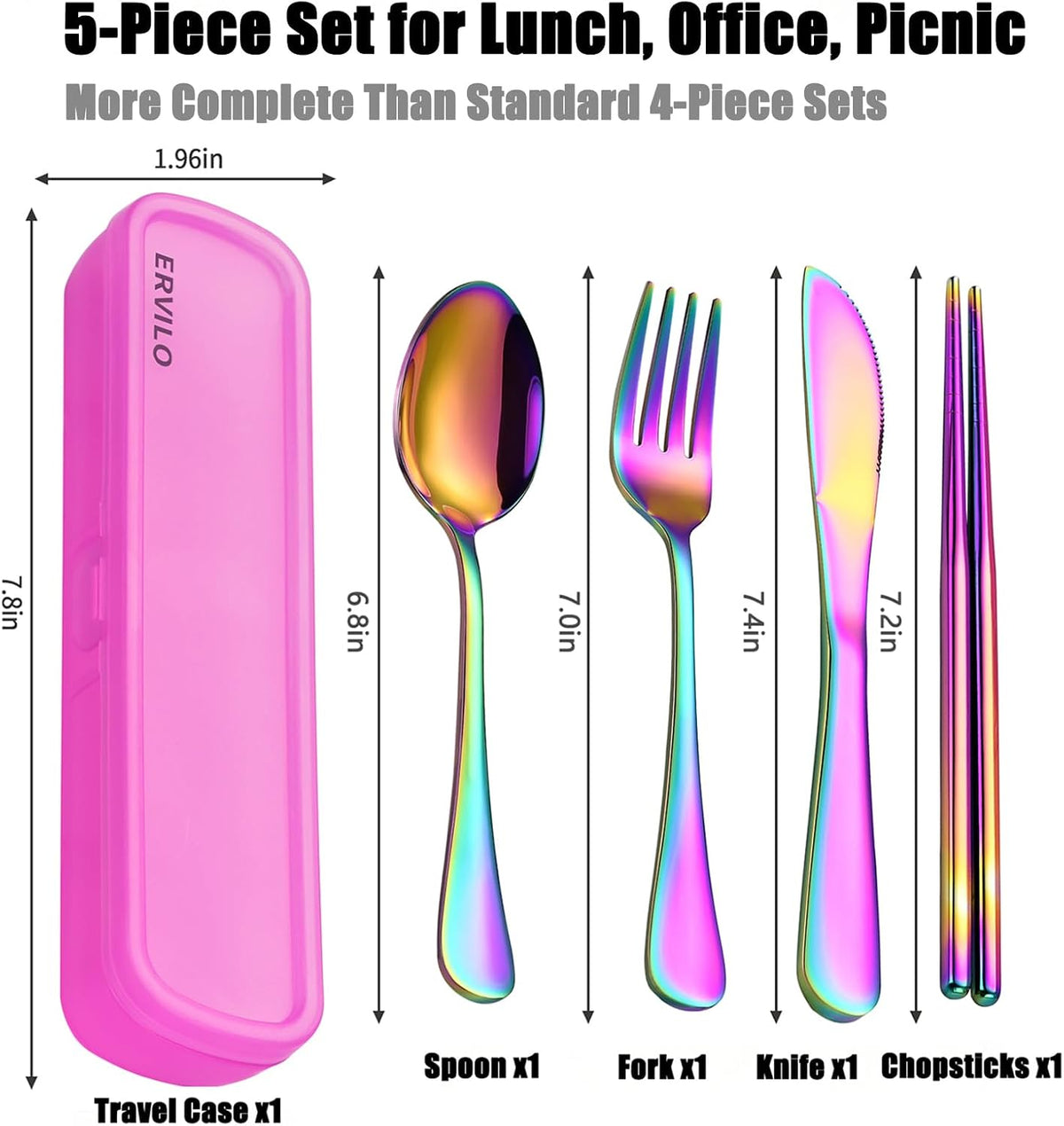 Travel Utensils with Case, Stainless Steel Portable Cutlery Set for Camping Picnic, Lunch Box Silverware for Work, Reinforced Case with Snap-Lock Closure, Include Fork Spoon Knife Chopsticks, Black
