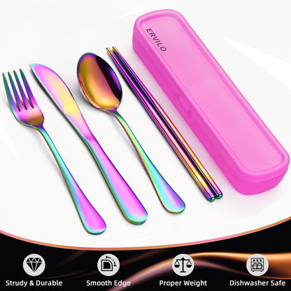 Travel Utensils with Case, Stainless Steel Portable Cutlery Set for Camping Picnic, Lunch Box Silverware for Work, Reinforced Case with Snap-Lock Closure, Include Fork Spoon Knife Chopsticks, Black
