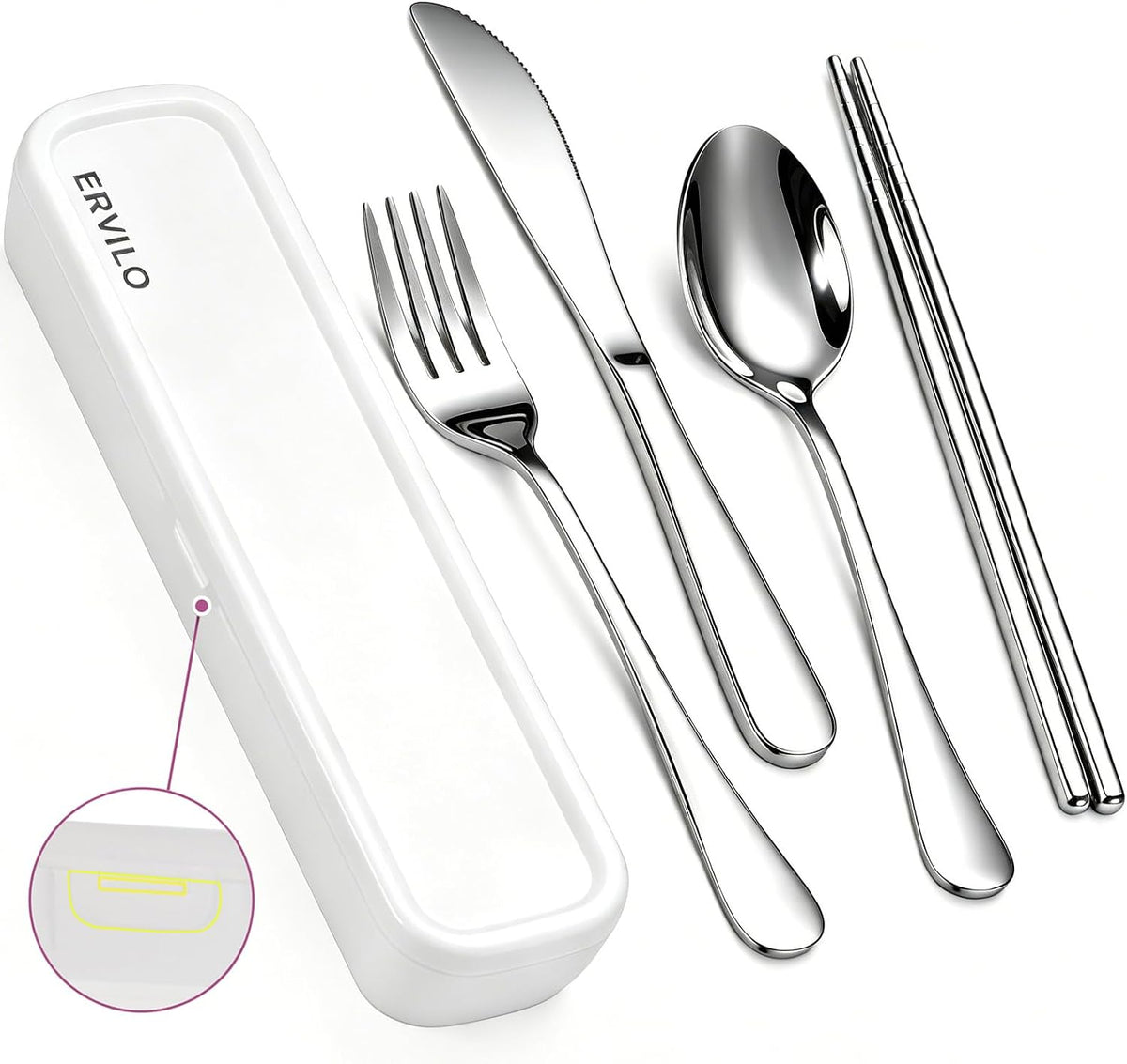 Travel Utensils with Case, Stainless Steel Portable Cutlery Set for Camping Picnic, Lunch Box Silverware for Work, Reinforced Case with Snap-Lock Closure, Include Fork Spoon Knife Chopsticks, Black