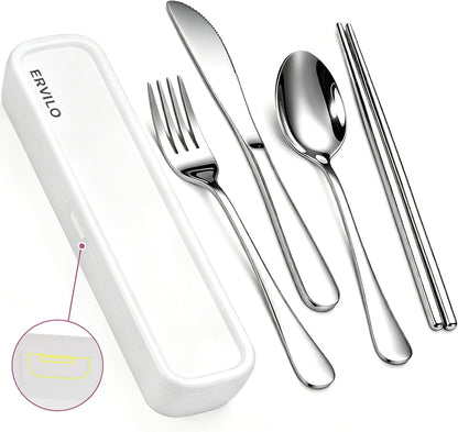 Travel Utensils with Case, Stainless Steel Portable Cutlery Set for Camping Picnic, Lunch Box Silverware for Work, Reinforced Case with Snap-Lock Closure, Include Fork Spoon Knife Chopsticks, Black