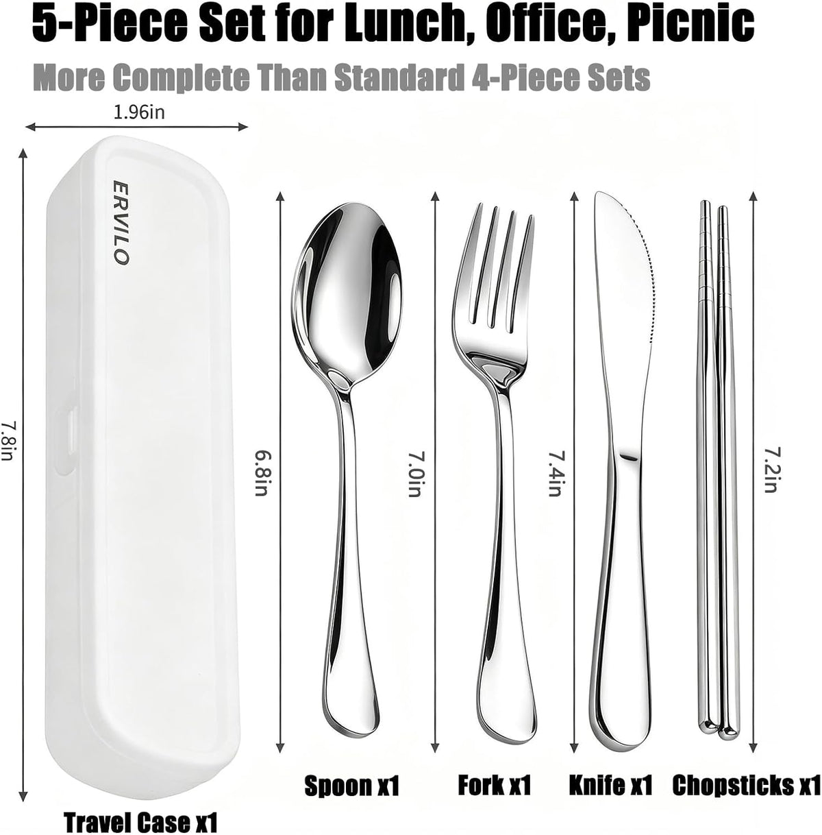 Travel Utensils with Case, Stainless Steel Portable Cutlery Set for Camping Picnic, Lunch Box Silverware for Work, Reinforced Case with Snap-Lock Closure, Include Fork Spoon Knife Chopsticks, Black