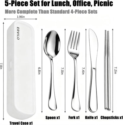 Travel Utensils with Case, Stainless Steel Portable Cutlery Set for Camping Picnic, Lunch Box Silverware for Work, Reinforced Case with Snap-Lock Closure, Include Fork Spoon Knife Chopsticks, Black