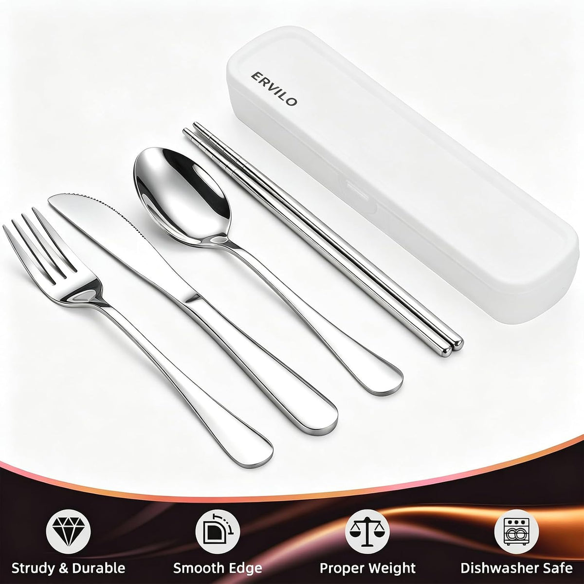 Travel Utensils with Case, Stainless Steel Portable Cutlery Set for Camping Picnic, Lunch Box Silverware for Work, Reinforced Case with Snap-Lock Closure, Include Fork Spoon Knife Chopsticks, Black