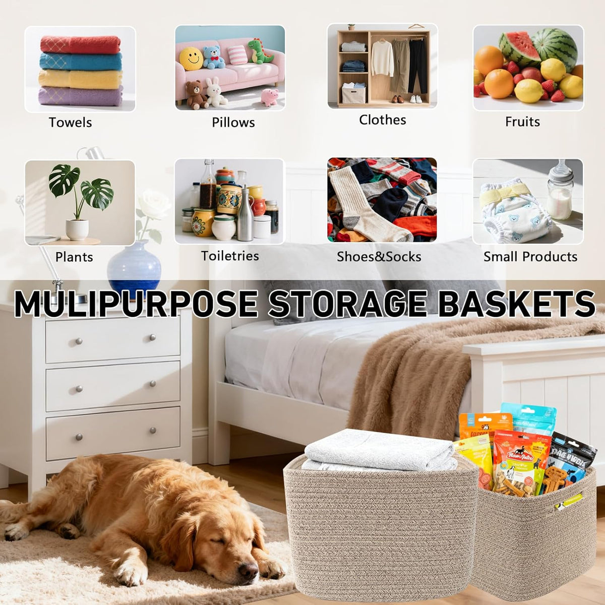 3 Pack Woven Rope Storage Baskets for Shelves,13.5"×11"×9.5" Storage Bins with Handles,Empty Gift Baskets,Nursery Organizer for Toys,Towels,Books,Closet,Living Room,Bedroom (White & Brown)