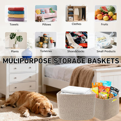 3 Pack Woven Rope Storage Baskets for Shelves,13.5"×11"×9.5" Storage Bins with Handles,Empty Gift Baskets,Nursery Organizer for Toys,Towels,Books,Closet,Living Room,Bedroom (White & Brown)