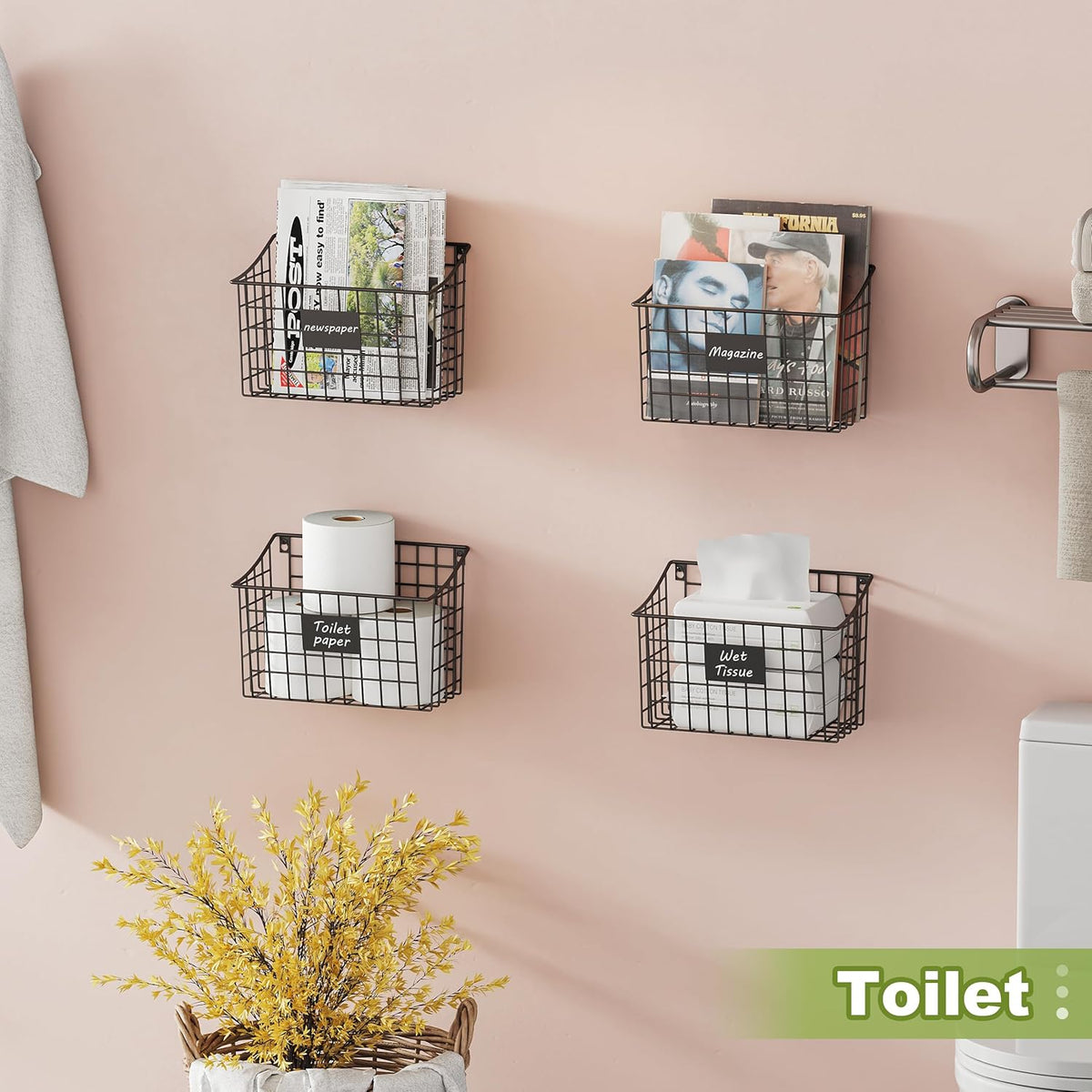 Wall Mounted Bin Basket with 5 Hooks 3 Label Plate Adhesive-3 Pack, Cabinet Hanging Metal Wire Basket,Rustic Farmhouse Decor, Storage Organization Shelf for Pantry Kitchen Bathroom 10.6*7.5*5.1inch