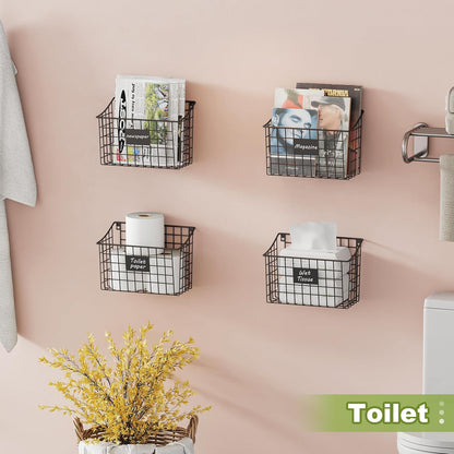 Wall Mounted Bin Basket with 5 Hooks 3 Label Plate Adhesive-3 Pack, Cabinet Hanging Metal Wire Basket,Rustic Farmhouse Decor, Storage Organization Shelf for Pantry Kitchen Bathroom 10.6*7.5*5.1inch