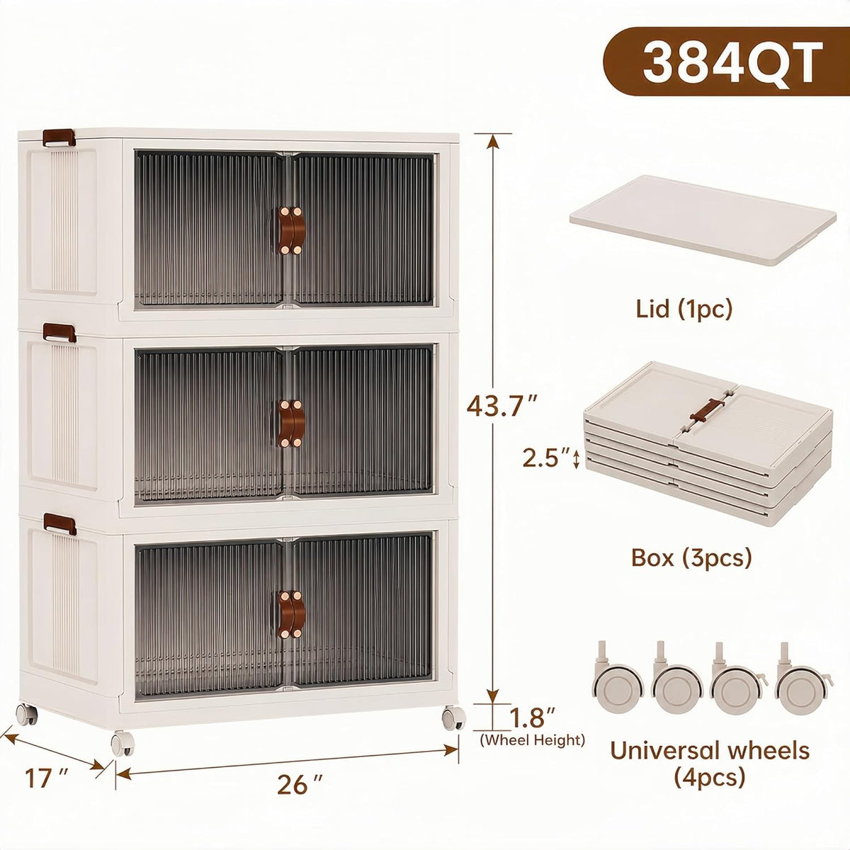 SAILUN 145Gal/580Qt Stackable Storage Bins Folding Collapsible Storage Bins with a Lid, Closet Organizers and Storage,White 26" W x 17" D x 71" H