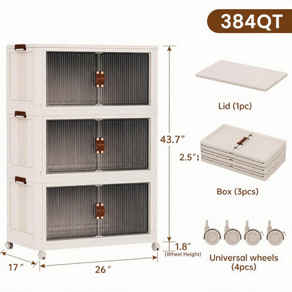 SAILUN 145Gal/580Qt Stackable Storage Bins Folding Collapsible Storage Bins with a Lid, Closet Organizers and Storage,White 26" W x 17" D x 71" H