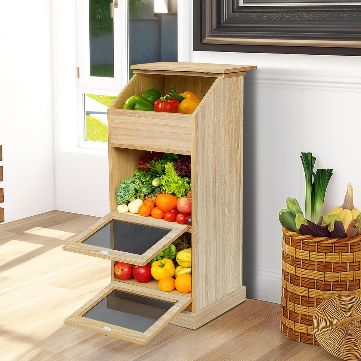 Potato Storage Bin, 3-Tier Potato and Onion Storage Bin with Lid, Wooden Bread Box for Fruit and Vegetable,Food Storage Containers for Kitchen Pantry (Oak)