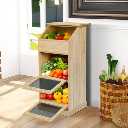 Potato Storage Bin, 3-Tier Potato and Onion Storage Bin with Lid, Wooden Bread Box for Fruit and Vegetable,Food Storage Containers for Kitchen Pantry (Oak)