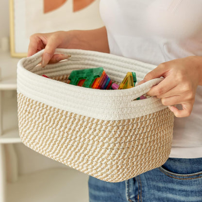 R RUNKA Small Cotton Rope Basket – Storage Bin for Organizing (10.6" x 6.7" x 6.7"), Bathroom Storage Basket for Shelf, Counter & Closet（Beige）
