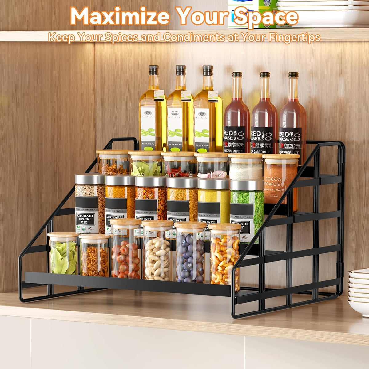 Bunoxea 4 Tier Adjustable Spice Rack for Cabinet & Countertop, Black | Depth Adjustable,Anti-drop Guard Rail,Tiered Cabinet Organizer,Holds 24+ Jars,for Cabinet, Pantry & Kitchen Countertop