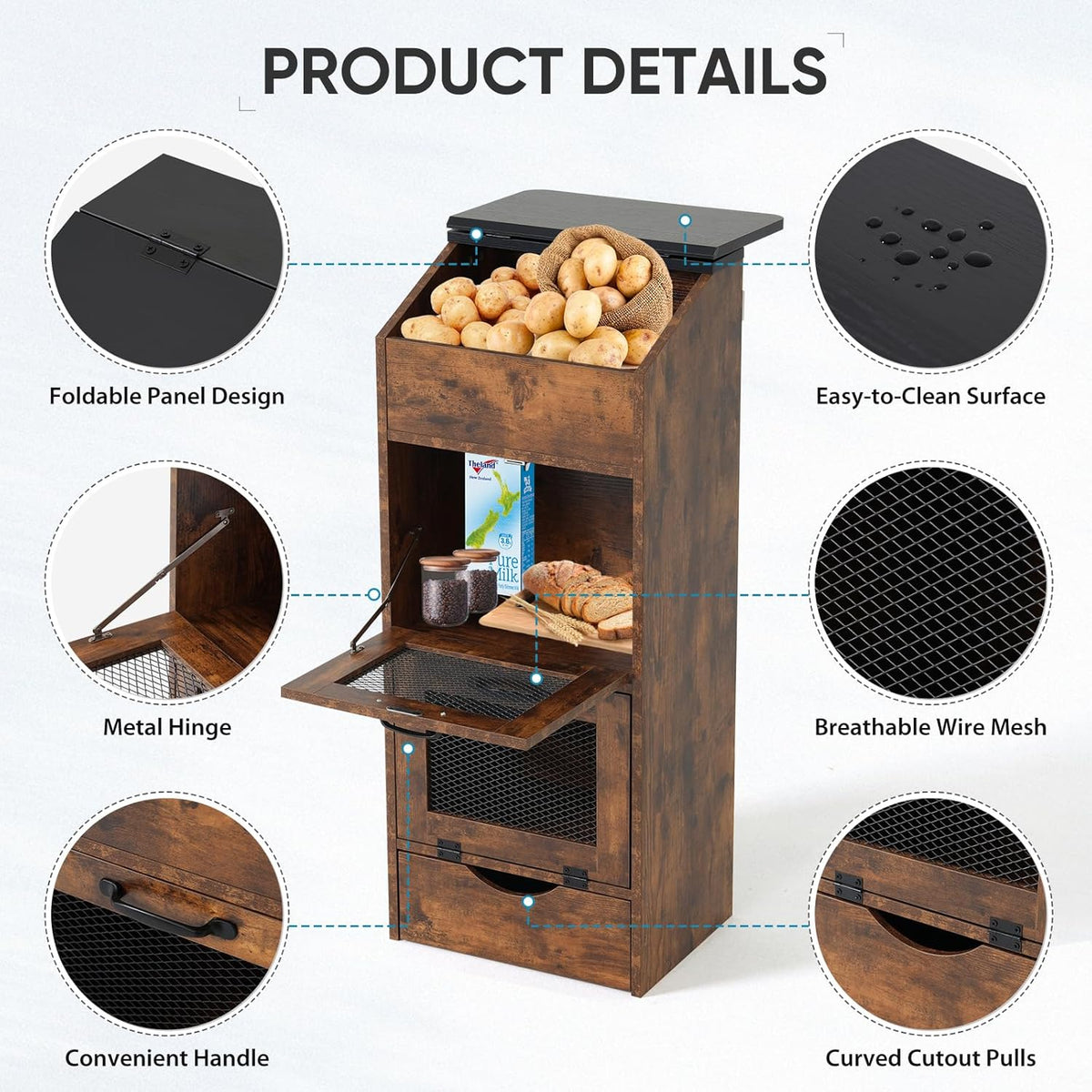 Verano Garden Potato Storage Bin, Wood Bread Box with Lid, Farmhouse Potato and Onion Storage Bin with Mesh Doors, Fruit and Vegetable Storage Rack with Removable Drawer (Rustic Brown, 16.0")