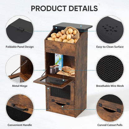 Verano Garden Potato Storage Bin, Wood Bread Box with Lid, Farmhouse Potato and Onion Storage Bin with Mesh Doors, Fruit and Vegetable Storage Rack with Removable Drawer (Rustic Brown, 16.0")