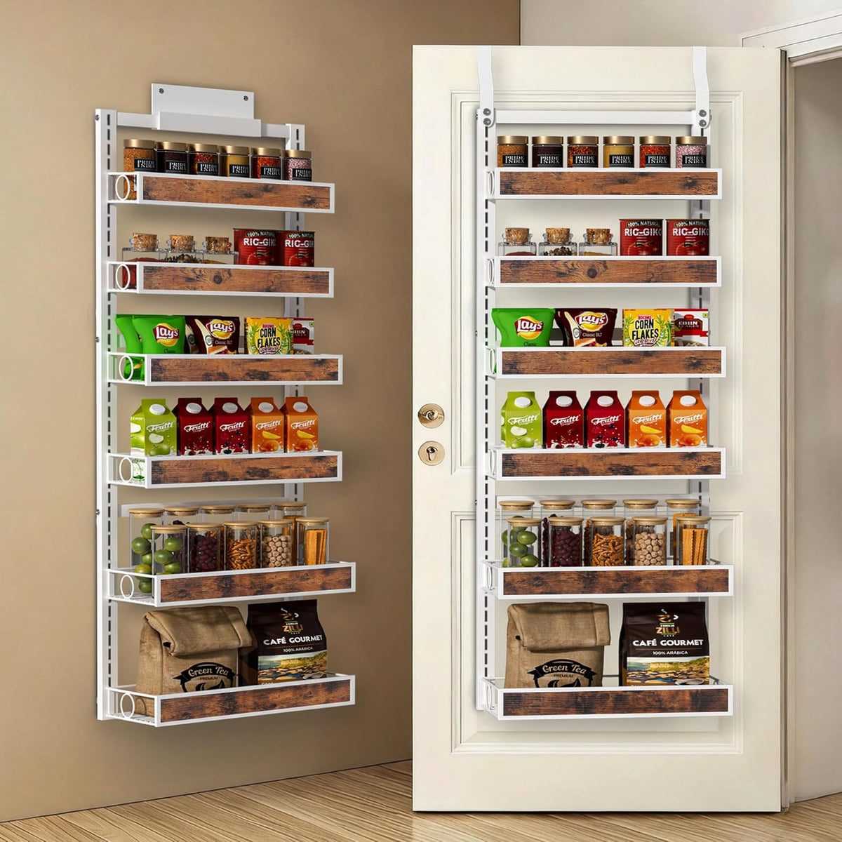 8 Tier Over The Door Pantry Orangizer 2 IN 1 Wall Mounted or Hanging Spice Rack with Adjustable Wood Basket,Heavy Duty Seasoning Storage Shelf for Kitchen Pantry and Bathroom